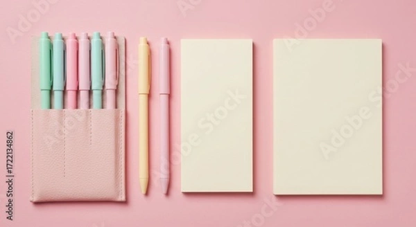 Fototapeta Pastel colored pens and notebooks arranged neatly isolated on white background