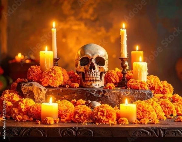 Fototapeta White skull is prominently displayed among many bright orange marigold flowers with several tall lit candles casting a warm glow.