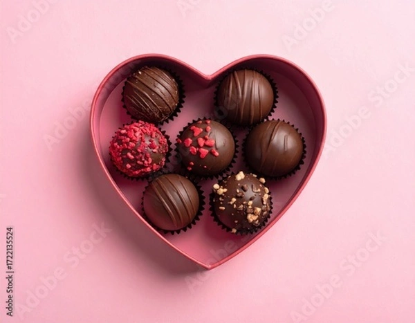 Fototapeta Delightful selection of gourmet dark chocolate truffles, some with sprinkles and nuts, is beautifully arranged inside a pink heart shaped gift box on a soft pink surface.