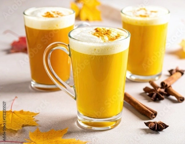 Fototapeta Three warm autumn golden milk lattes with creamy foam sit on a table, garnished with cinnamon sticks, star anise, and vibrant fall leaves.