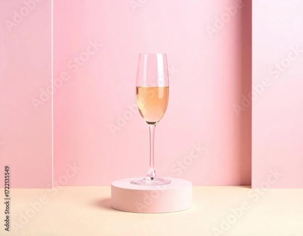 Fototapeta Beautifully clear flute glass filled with refreshing sparkling beverage sits upon a stylish round pink podium in a soft pastel colored studio environment.