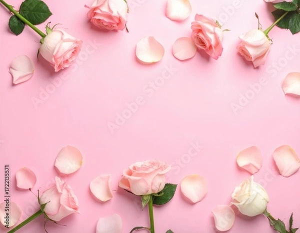 Fototapeta Many fresh pink roses and a scattering of soft petals elegantly adorn a plain gentle pink surface, forming a lovely decorative border.