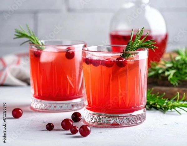 Fototapeta Two clear glasses hold vibrant red cranberry drinks with ice, garnished beautifully with fresh green rosemary sprigs and ripe red berries, sitting elegantly on a light table.