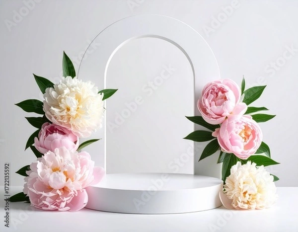 Fototapeta Soft pink and cream peonies are beautifully displayed around a pristine white arch and a circular product stand, ready for presentation.