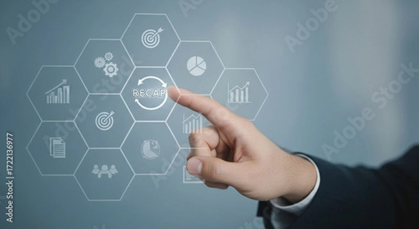 Fototapeta An image of a hand selecting an icon from a futuristic digital interface, conveying the concept of process management and strategic choices.