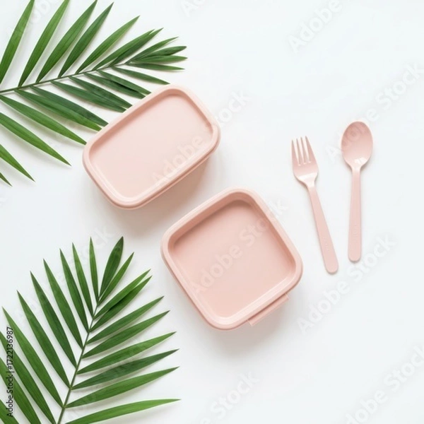 Fototapeta Two pink lunch boxes with a fork and spoon surrounded by green palm leaves isolated on white background