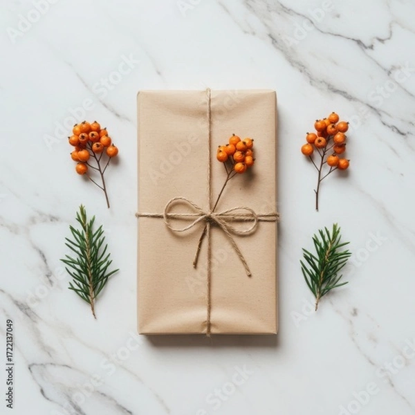 Fototapeta Rustic brown paper gift box tied with twine and decorated with berries and pine sprigs isolated on white background