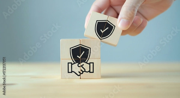Fototapeta Wooden blocks with a handshake and a shield with a checkmark illustrate the importance of a trusting and secure business agreement.