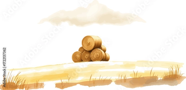 Fototapeta Watercolor vector illustration a haystack in a field.