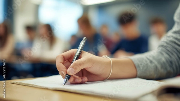 Fototapeta Individual is writing notes in a classroom setting, showcasing concentration and engagement with peers in the background