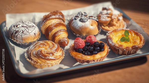 Obraz Tray with assorted pastries on bakery paper shallow depth photo