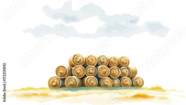 Fototapeta Watercolor vector illustration a haystack in a field.