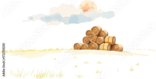 Fototapeta Watercolor vector illustration a haystack in a field.