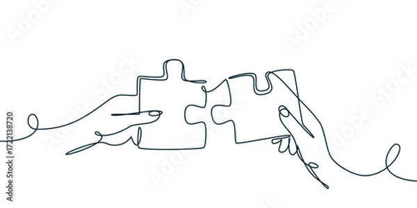 Fototapeta Vector continuous line illustration of hands connect puzzle. Teamwork solutions, cooperation business strategy concept