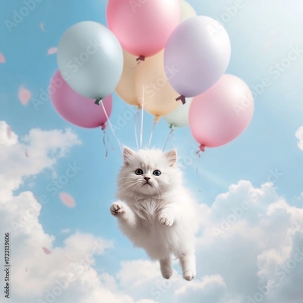 Fototapeta Adorable Fantasy Portrait of Fluffy White Kitten Floating with Pastel Balloons in Dreamy Magical Sky