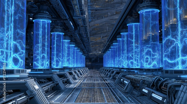 Obraz Cyber-biological hybrid cells with neon energy flow, glowing molecular structures, futuristic cellular environment, advanced biotechnology, floating DNA strands, luminous genetic patterns