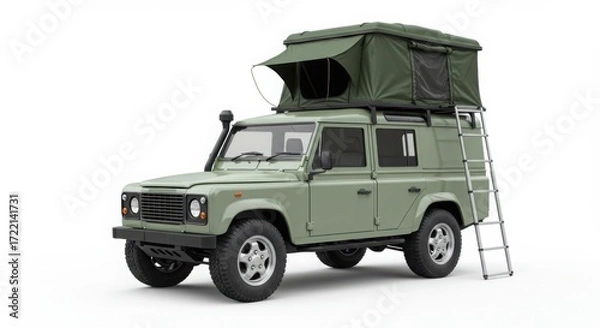 Fototapeta Sage green expedition vehicle with roof top tent and ladder isolated on white background