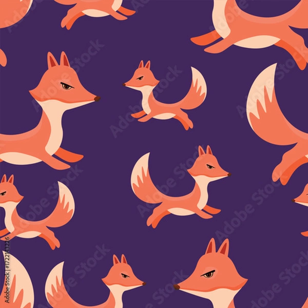 Fototapeta Seamless pattern with cute fox baby on color background. Funny forest animals. Card, postcards for kids. Flat vector illustration for fabric, textile, wallpaper, poster, paper.