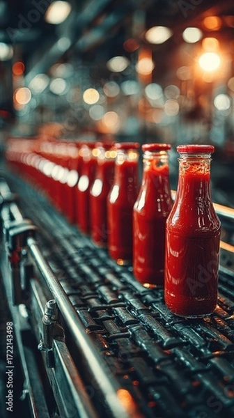 Fototapeta Bottles of tomato sauce in a production line at a food processing facility during daytime operations