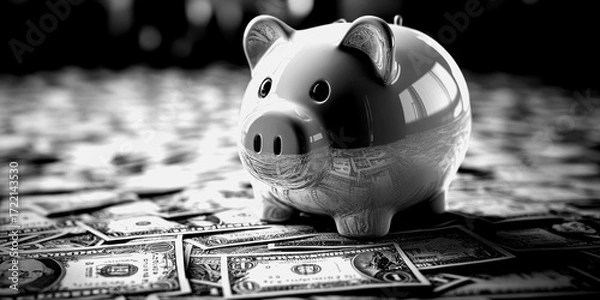 Fototapeta Piggy bank with money spread across a table during a savings session