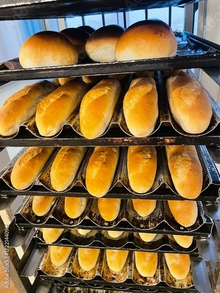 Fototapeta Food commerce and everyday shopping. Sale of bread with a close-up view of bakery products on shelves in a store or bakery.