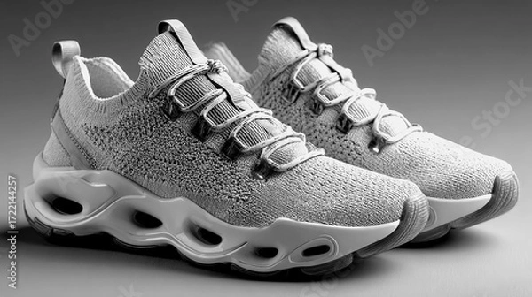 Fototapeta Stylish grey athletic shoes displayed in a minimalistic setting