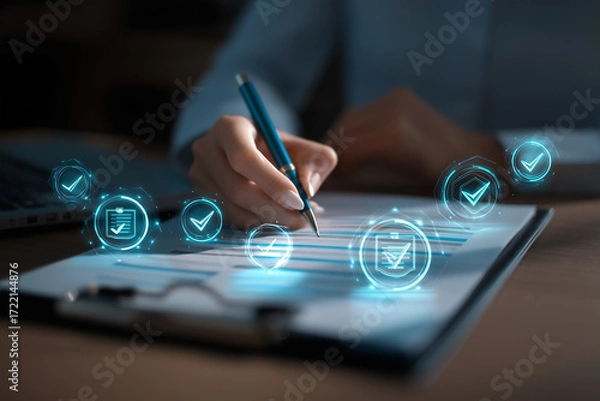 Fototapeta Compliance check: Woman verifies document with blue glowing checkmarks. Streamlined process for accuracy and efficiency.