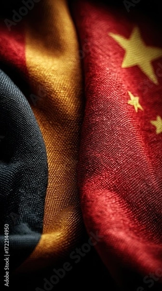Fototapeta Comparison of Chinese and German flags showcasing rich textures and colors in a close-up view