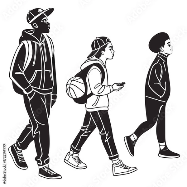 Fototapeta Casual Walkers ,Black and White Stylized Illustration of Three Individuals with Backpacks and Caps