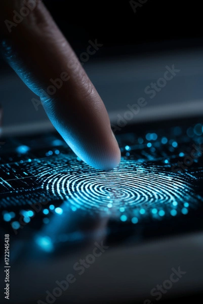 Fototapeta Futuristic digital fingerprint technology unlocking security through biometric verification. Emphasizing identity and access control.