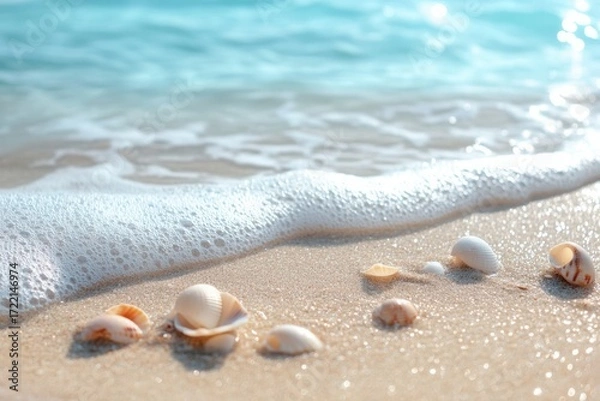 Fototapeta Seashells scattered on the beach with gentle waves lapping at the shore in bright sunlight view