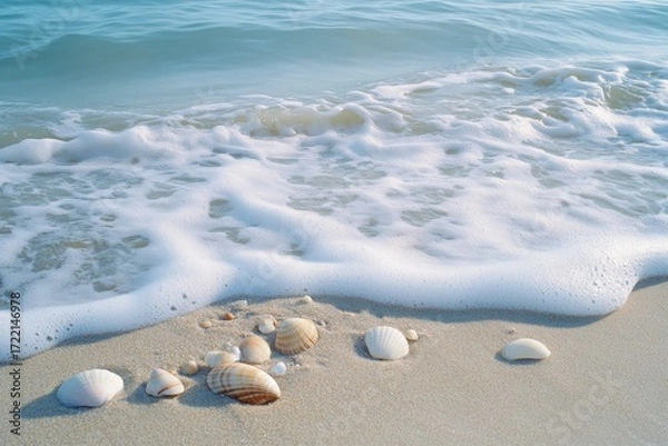 Fototapeta Gentle waves washing over seashells scattered on a sandy beach on a bright sunny day scene view