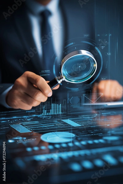 Fototapeta Analyst's Insight: Magnifying trends in data analytics. Strategic focus on insights for competitive advantage in the digital age.