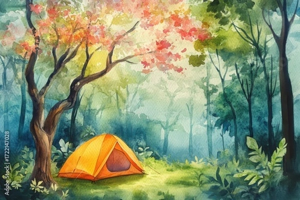 Fototapeta Watercolor painting of a camping tent in the forest with trees and foliage during the daytime scene