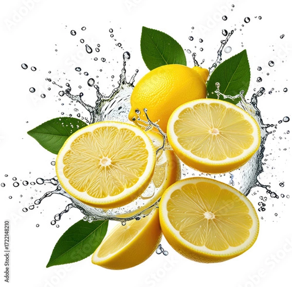 Fototapeta Fresh lemons splashing in water, vibrant background (4)