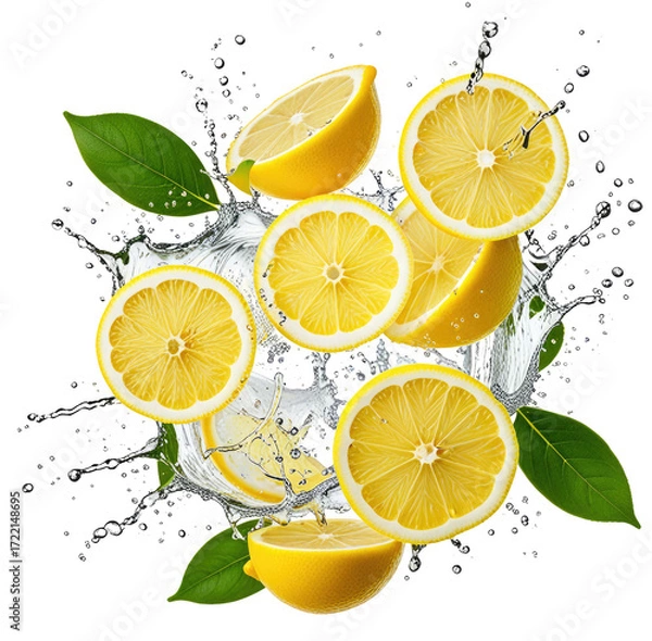 Fototapeta Juicy lemon slices splashing in water, vibrant background (1)