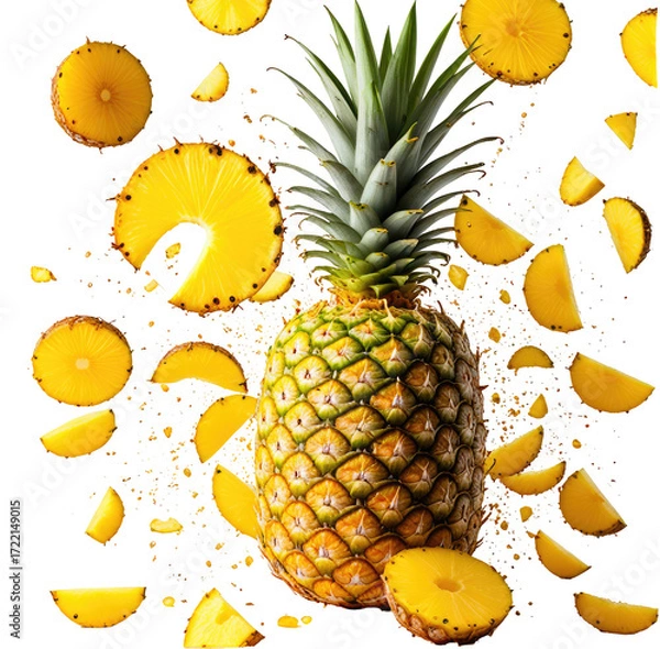 Fototapeta Ripe pineapple exploding, studio shot, juicy slices, vibrant yellow background, food advertising