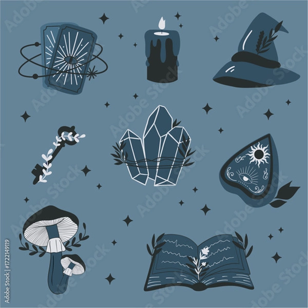 Obraz Collection of witchcraft elements. Halloween elements. Witch hat, magic book, tarot cards, candle. Hand drawn vector design