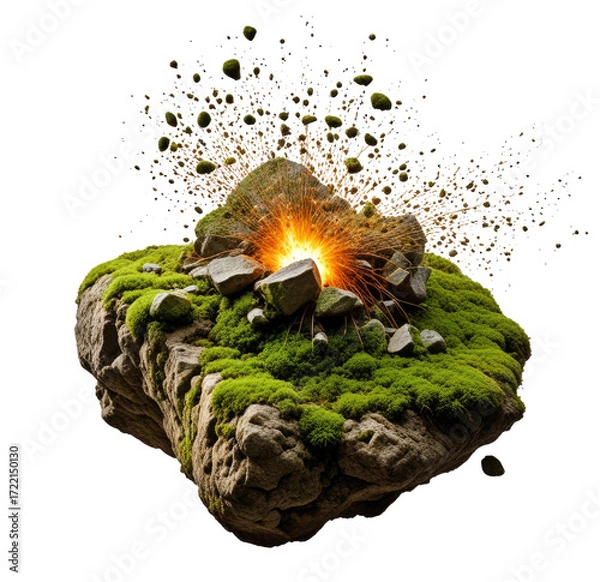 Fototapeta Mossy rock, fiery explosion, dark space, game asset