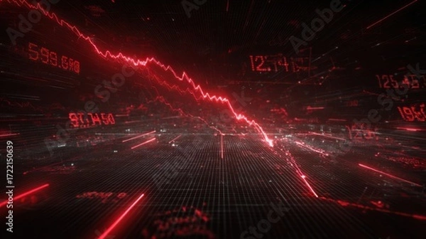 Fototapeta Abstract digital representation of a financial crisis, showcasing a downward trend with red data lines and numbers, symbolizing economic downturn and market volatility
