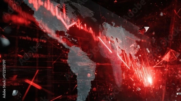 Fototapeta Digital world map with red financial crisis indicators, showcasing fluctuating graphs and data visualizations, representing economic downturn and market volatility in a modern context