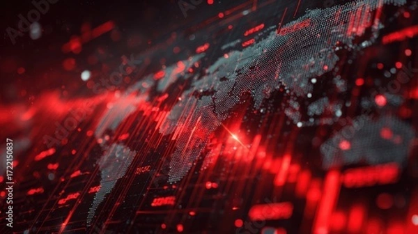 Fototapeta Abstract digital illustration depicting a global finance crisis with red data streams and a world map, symbolizing economic turmoil and market fluctuations in a modern context