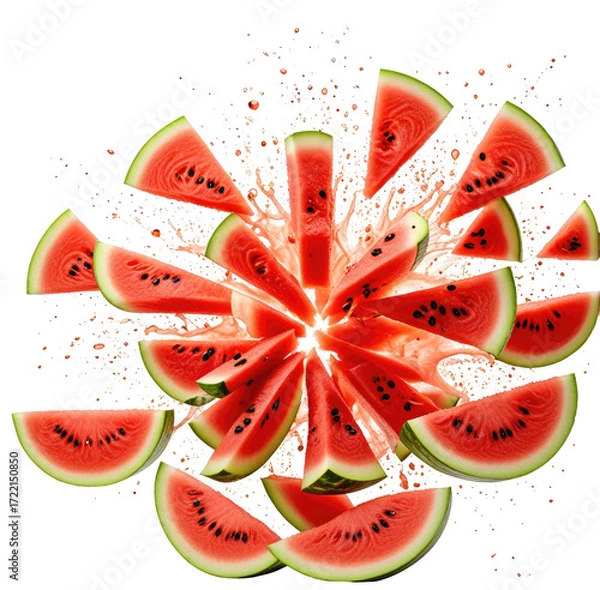 Fototapeta Exploding watermelon slices, summer, juicy, background splash, food ad