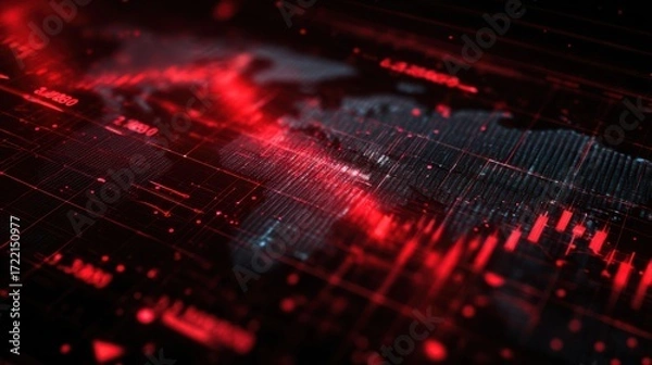 Fototapeta Abstract digital visualization of a global finance crisis, featuring red data streams and fluctuating graphs, symbolizing economic downturn and market instability