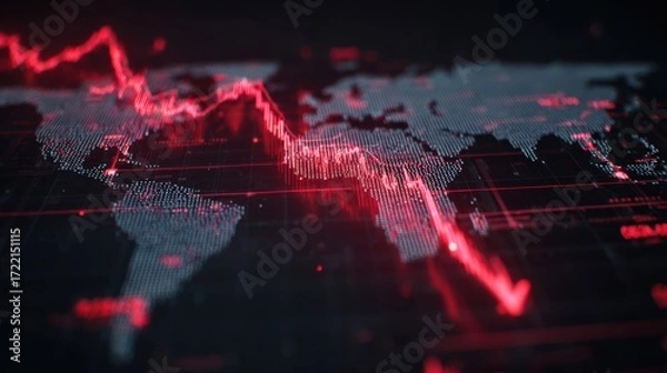 Fototapeta Financial crisis concept with a digital world map displaying a downward trend in red, illustrating economic downturn and market volatility in a modern data visualization style