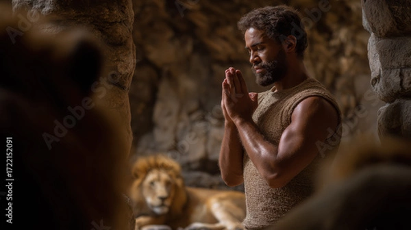 Fototapeta Daniel stands calmly in the lion’s den, hands clasped in prayer, surrounded by resting lions under soft golden torchlight, with stone walls marked by claws, capturing faith and divine protection..