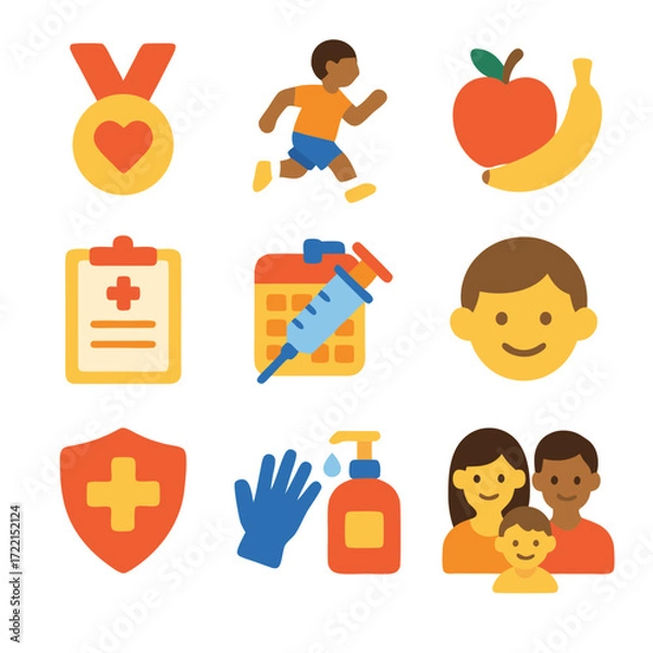 Fototapeta Child health day multiple icons celebrate family wellness health and support for every child.