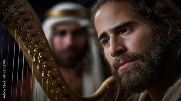 Fototapeta David plays the harp before King Saul by candlelight, filling the room with music that soothes, inspires, and conveys devotion, skill, and heartfelt artistry.