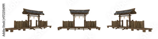 Fototapeta Isolated 3D rendered illustration of an old japanese wooden gateway from 3 angles.