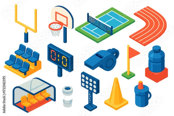 Obraz Stadium Elements Icons. Isometric vector illustration set Stadium elements: football goalpost, basketball hoop, tennis court net,